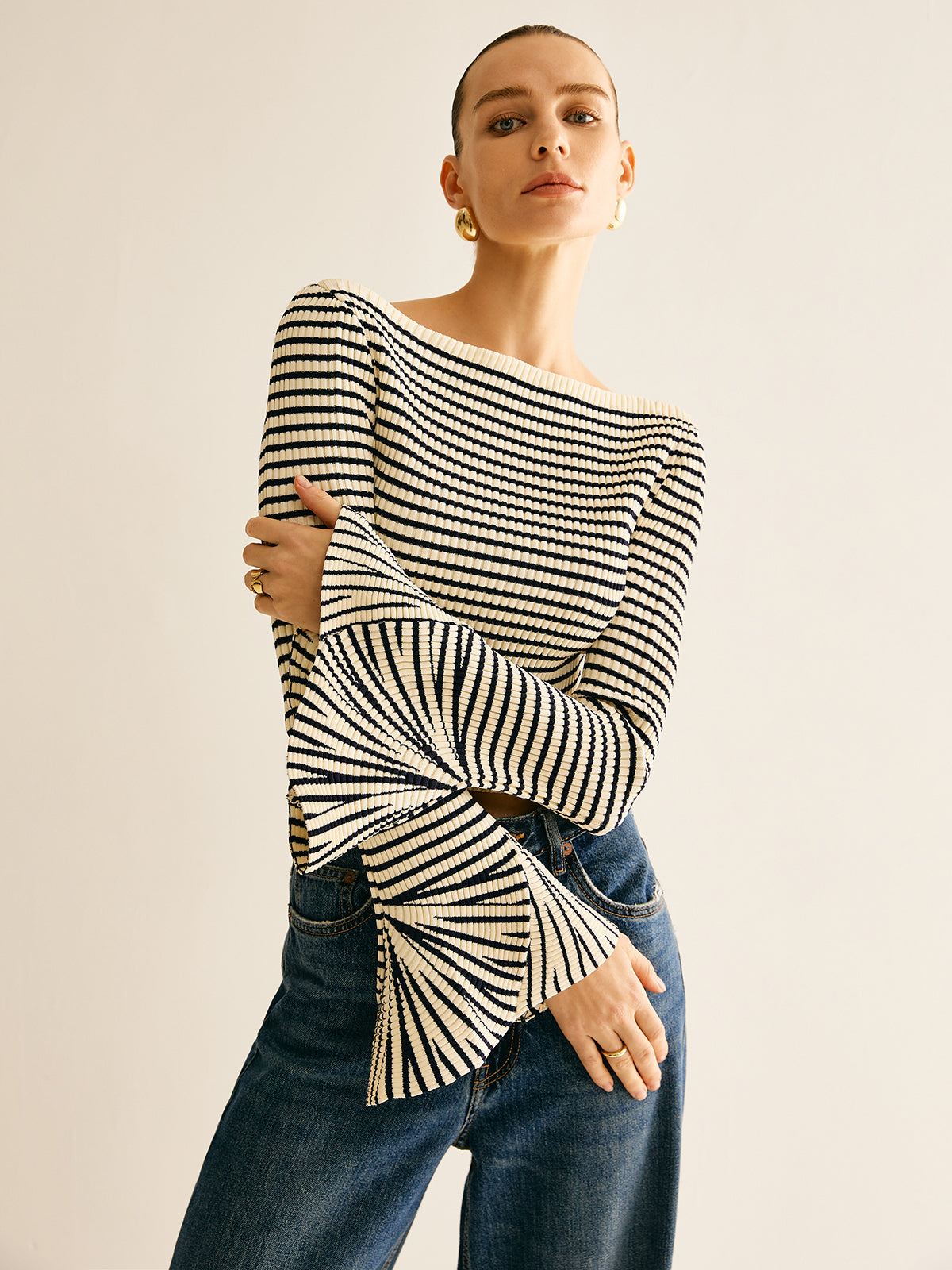 Dames Shirt Gestreept Cold Shoulder Stijl