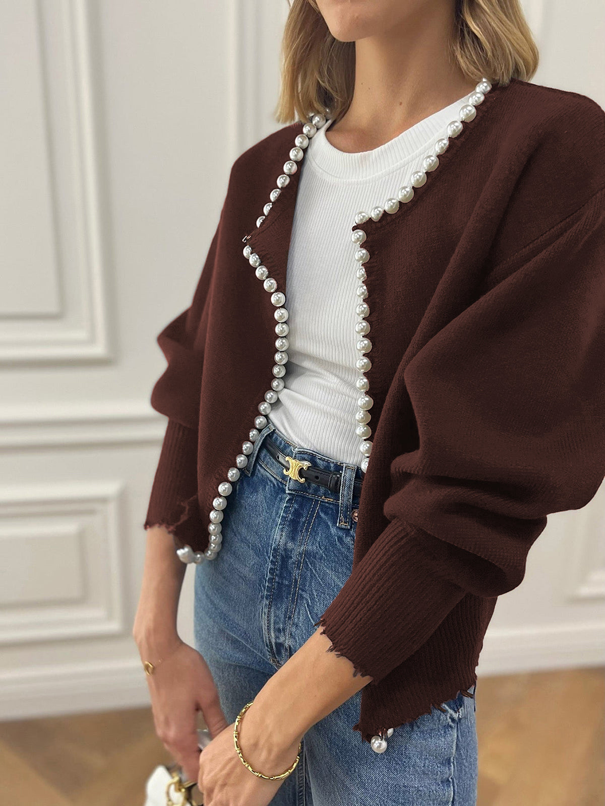 Talicia | Cardigan con bordi strappati e perle