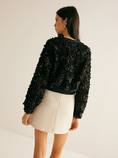 Zwarte Blazer Kort Met Bloemen en Rits