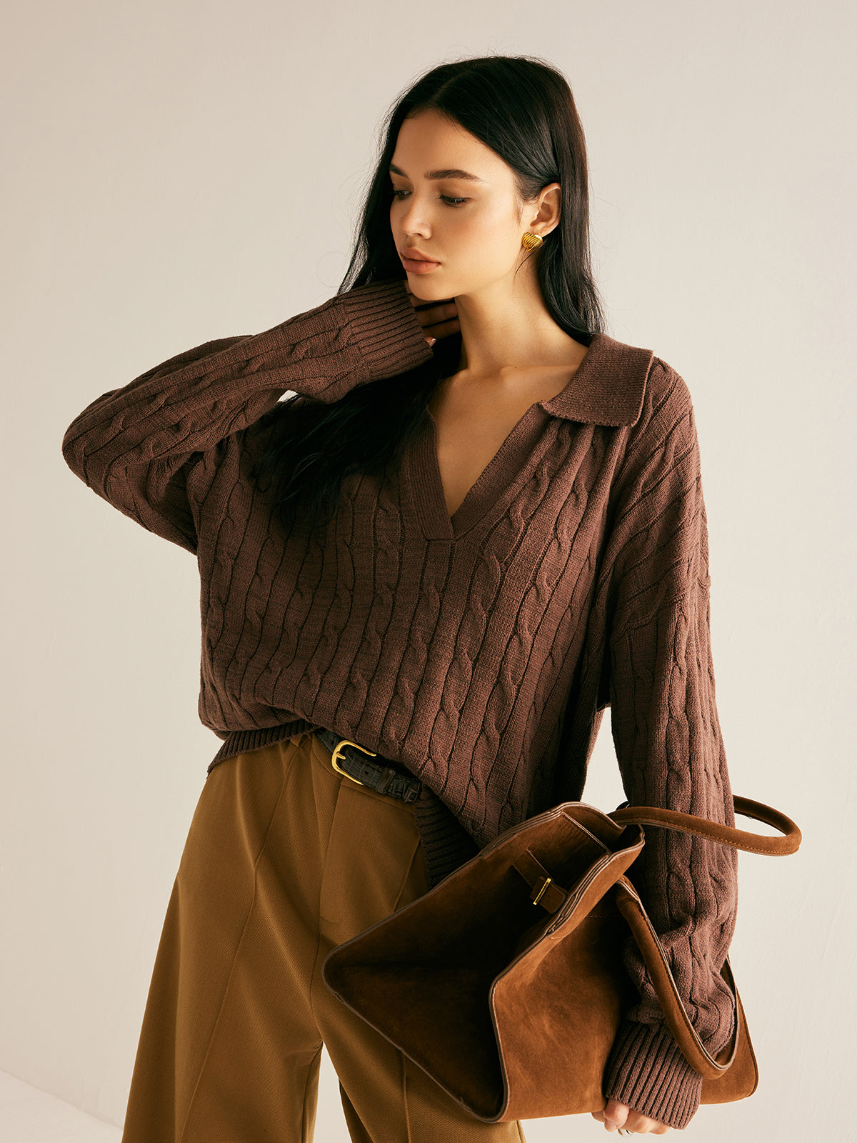 Bruine V-Hals Trui voor Dames Sienna - Mode Vibes