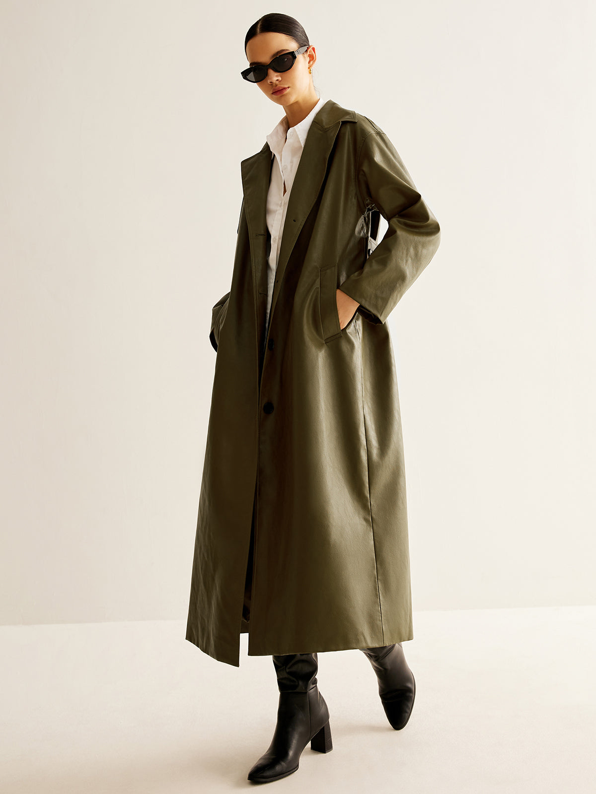 Leren Jas Dames Groen Vintage Stijl Lange Lederen Coat