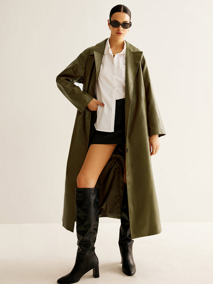 Leren Jas Dames Groen Vintage Stijl Lange Lederen Coat