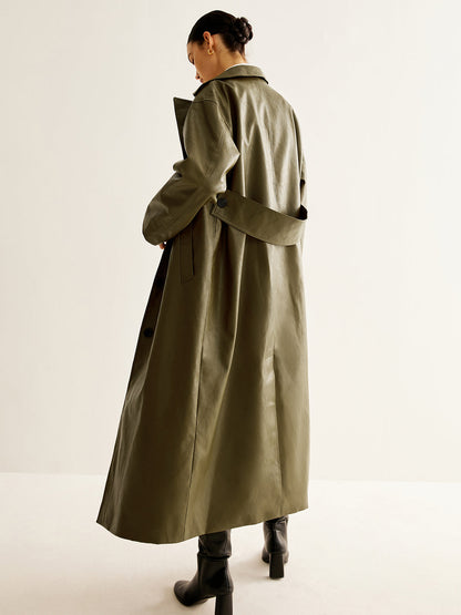 Leren Jas Dames Groen Vintage Stijl Lange Lederen Coat - Mode Vibes