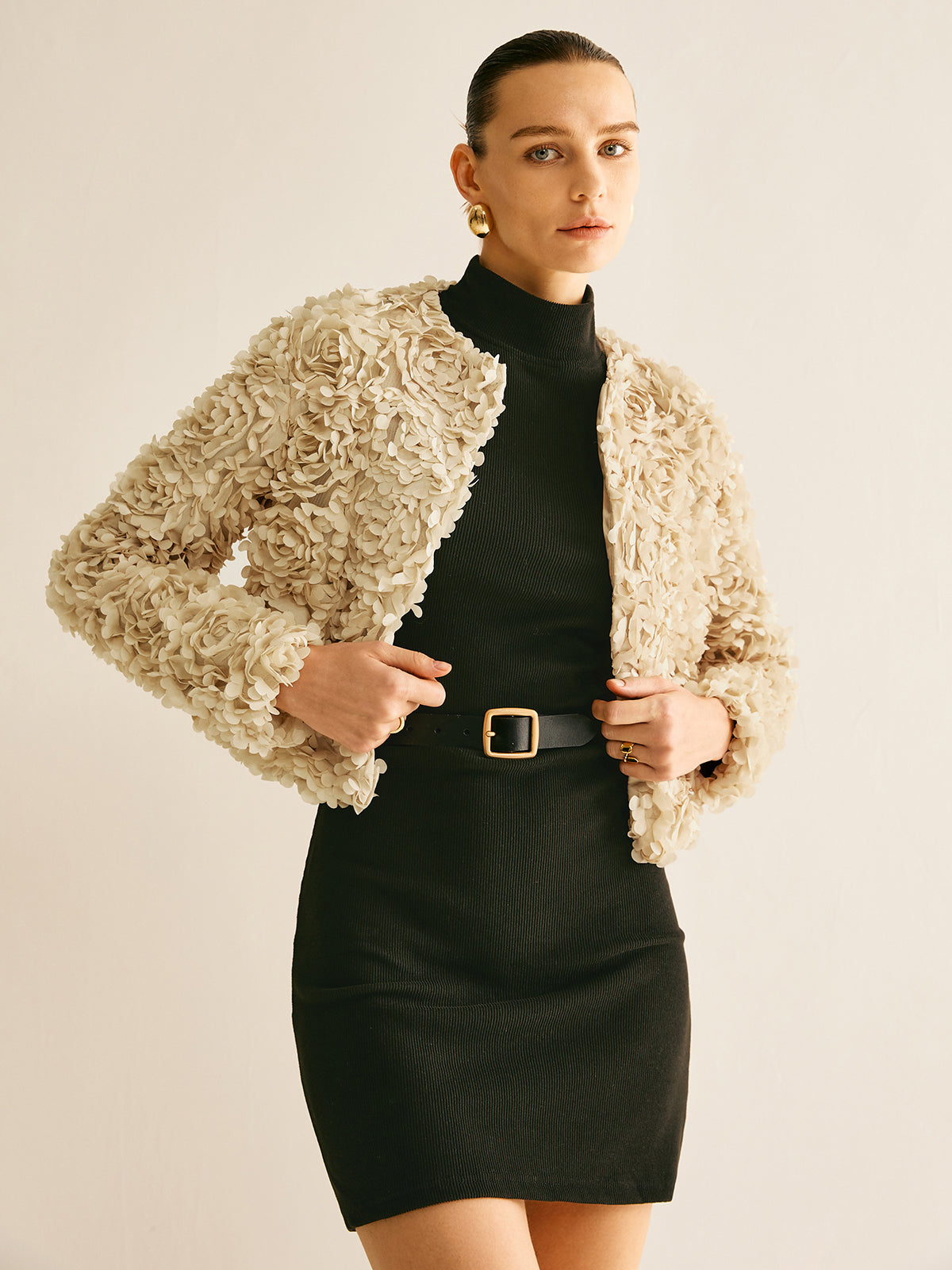 Dames Blazer Beige Klassieke Crew Neck Jas