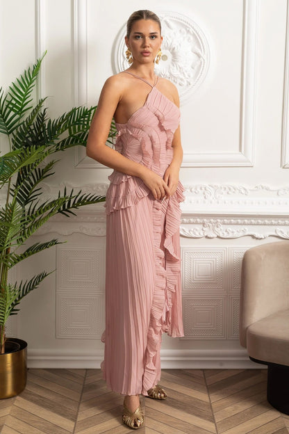 Geplooide Halter Midi Jurk met Waterval Ruches – Roze