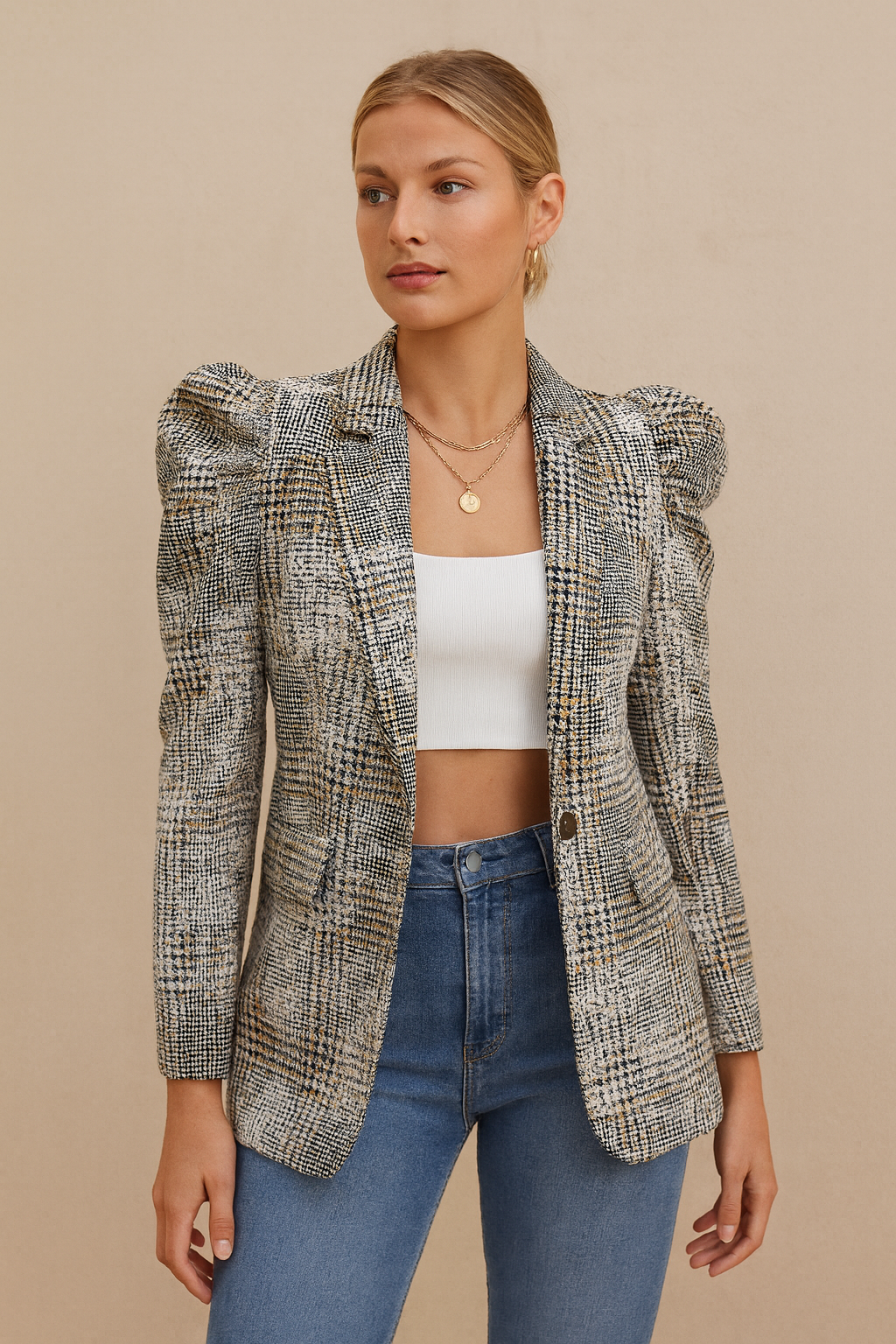 Dames Blazer Geruit Stijlvol met Pofmouwen - Mode Vibes