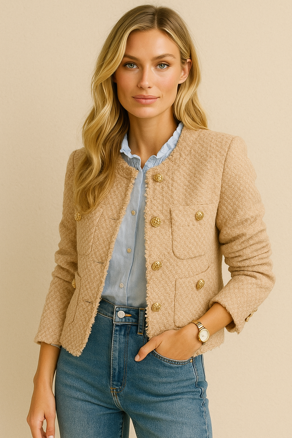 Dames Boucle Jas Gouden Knopen Zakken Stijlvol Mode - Mode Vibes