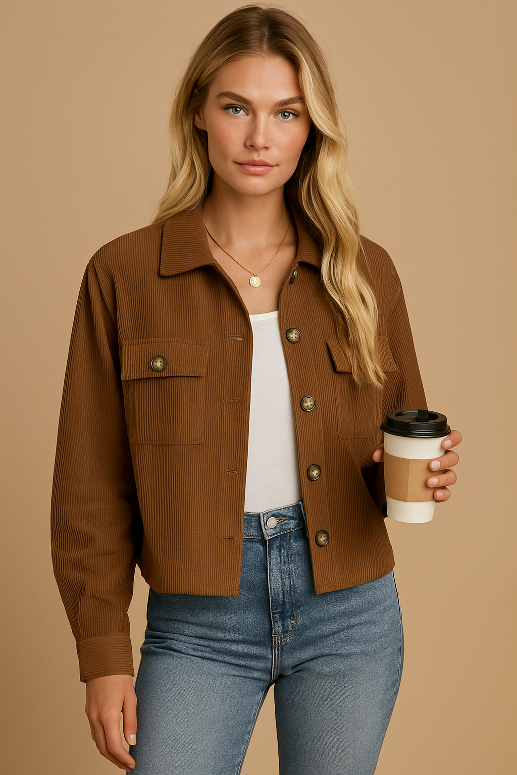 Korte Dames Corduroy Jas Trendy Bruin - Mode Vibes