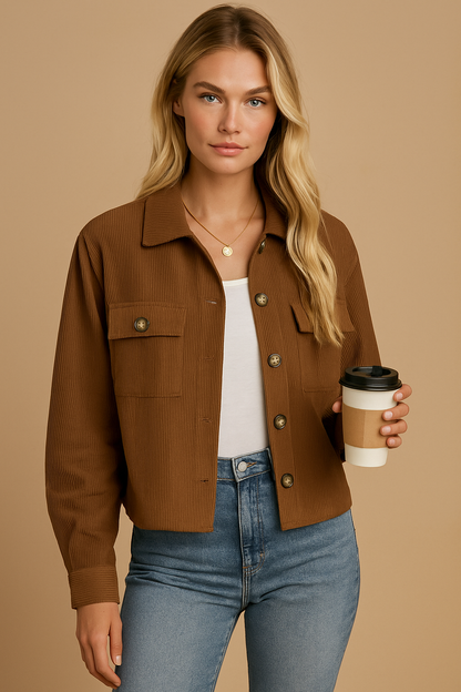 Korte Dames Corduroy Jas Trendy Bruin - Mode Vibes