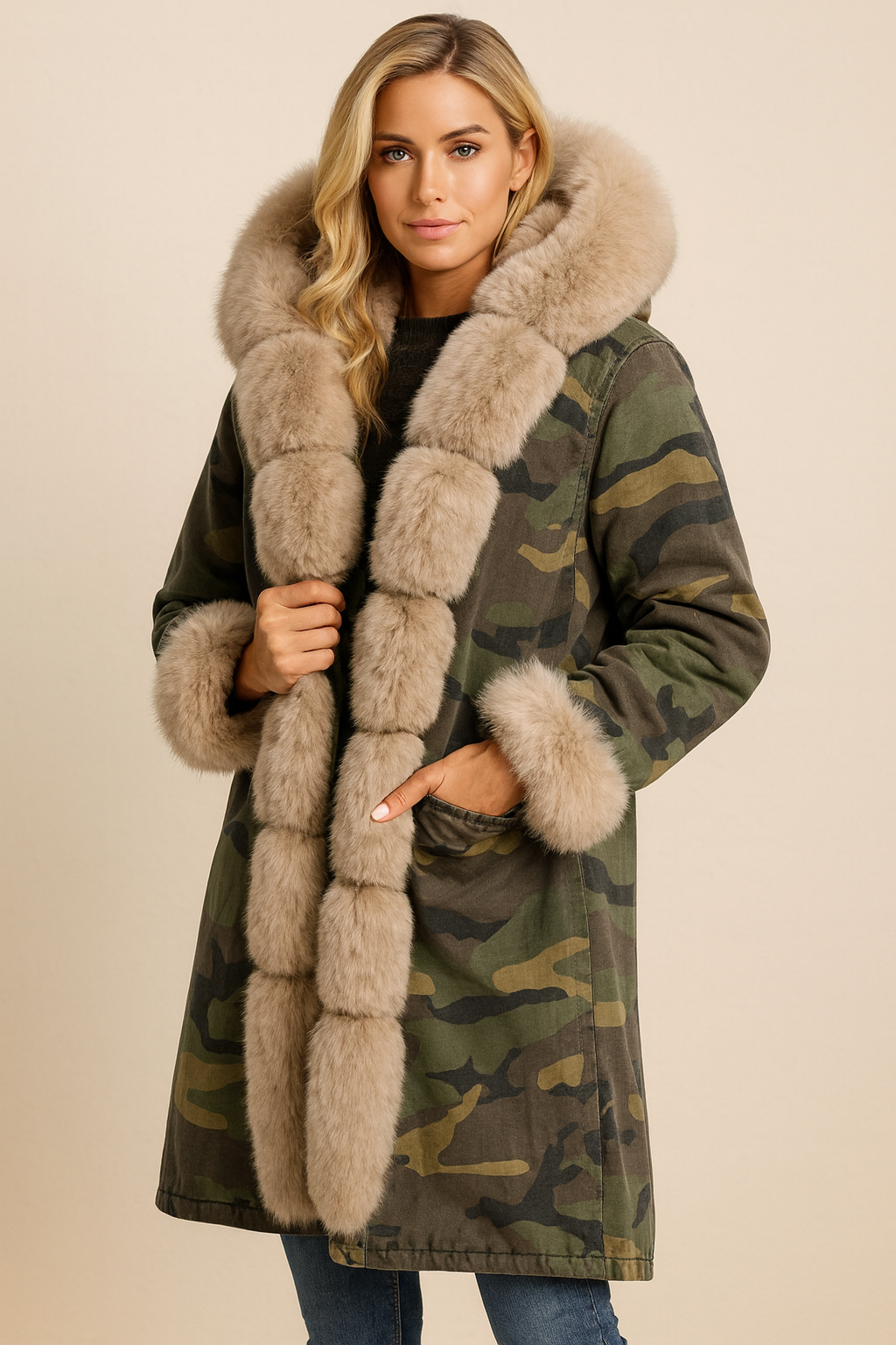 Dames Parka met Bont en Camouflageprint Stijlvol en Warm - Mode Vibes