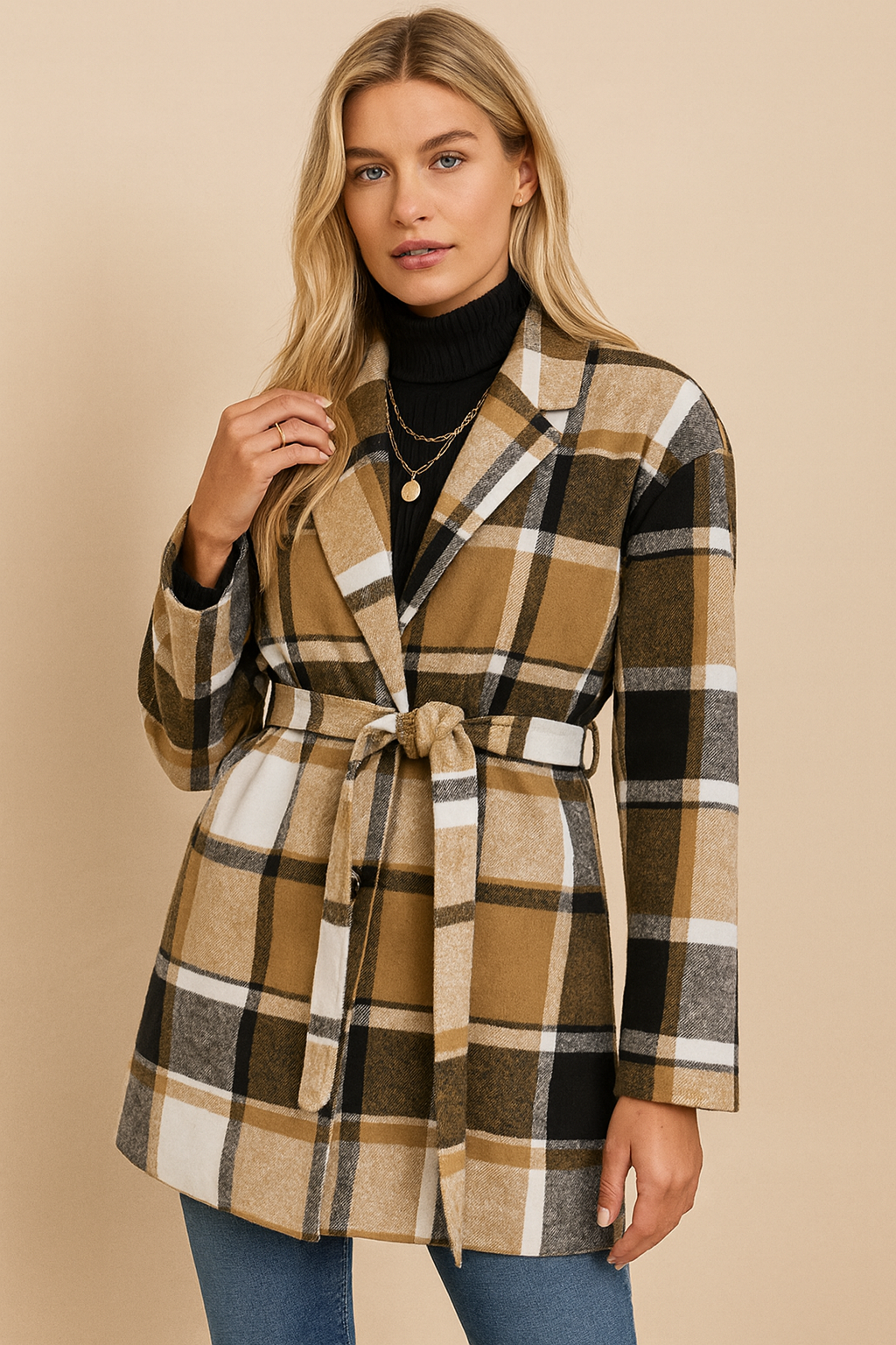 Dames Jas Geruit Elegante Ceintuur Trendy Balzana - Mode Vibes