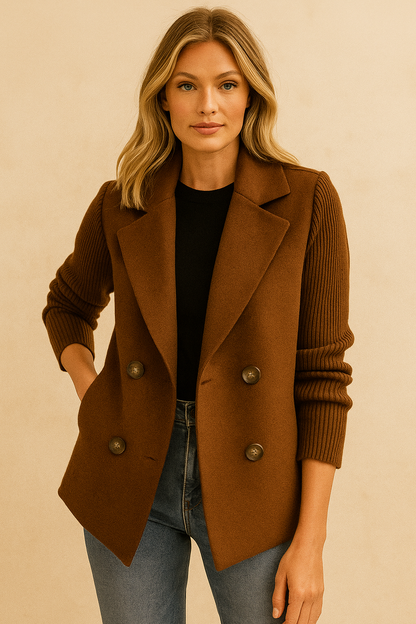Dames Blazer Wollen Look Gebruik met Gebreide Mouwen en Dubbele Knoop - Mode Vibes