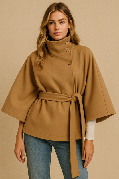 Dames Cape Jas Kort met Ceintuur en Opstaande Kraag Modieus - Mode Vibes