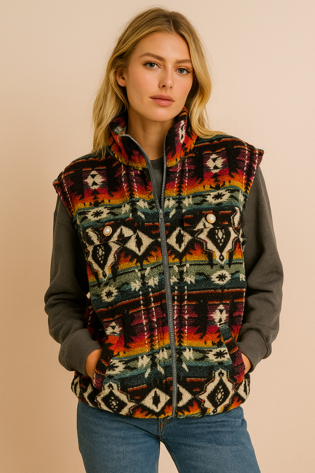 Dames Fleece Bodywarmer Aztec Print Warm en Stijlvol - Mode Vibes