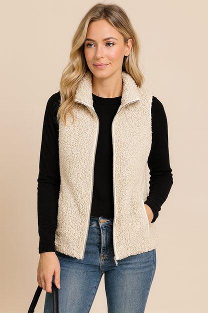 Dames Fleece Bodywarmer Teddy Jas met Rits en Opstaande Kraag - Mode Vibes