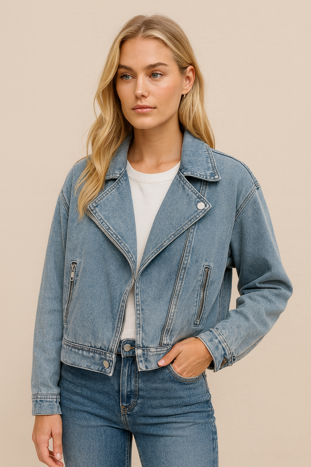 Dames Biker Jacket Kort Denim Model met Grote Kraag - Mode Vibes