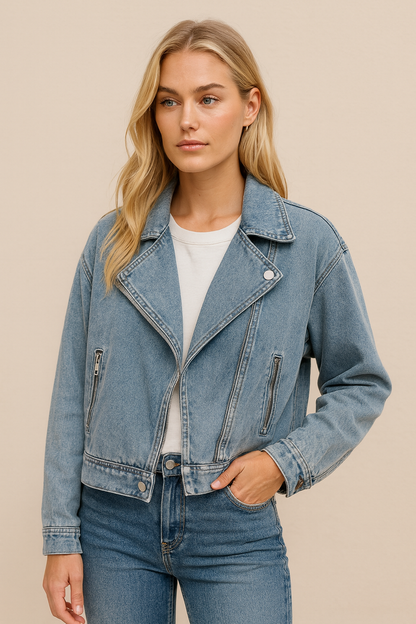 Dames Biker Jacket Kort Denim Model met Grote Kraag - Mode Vibes