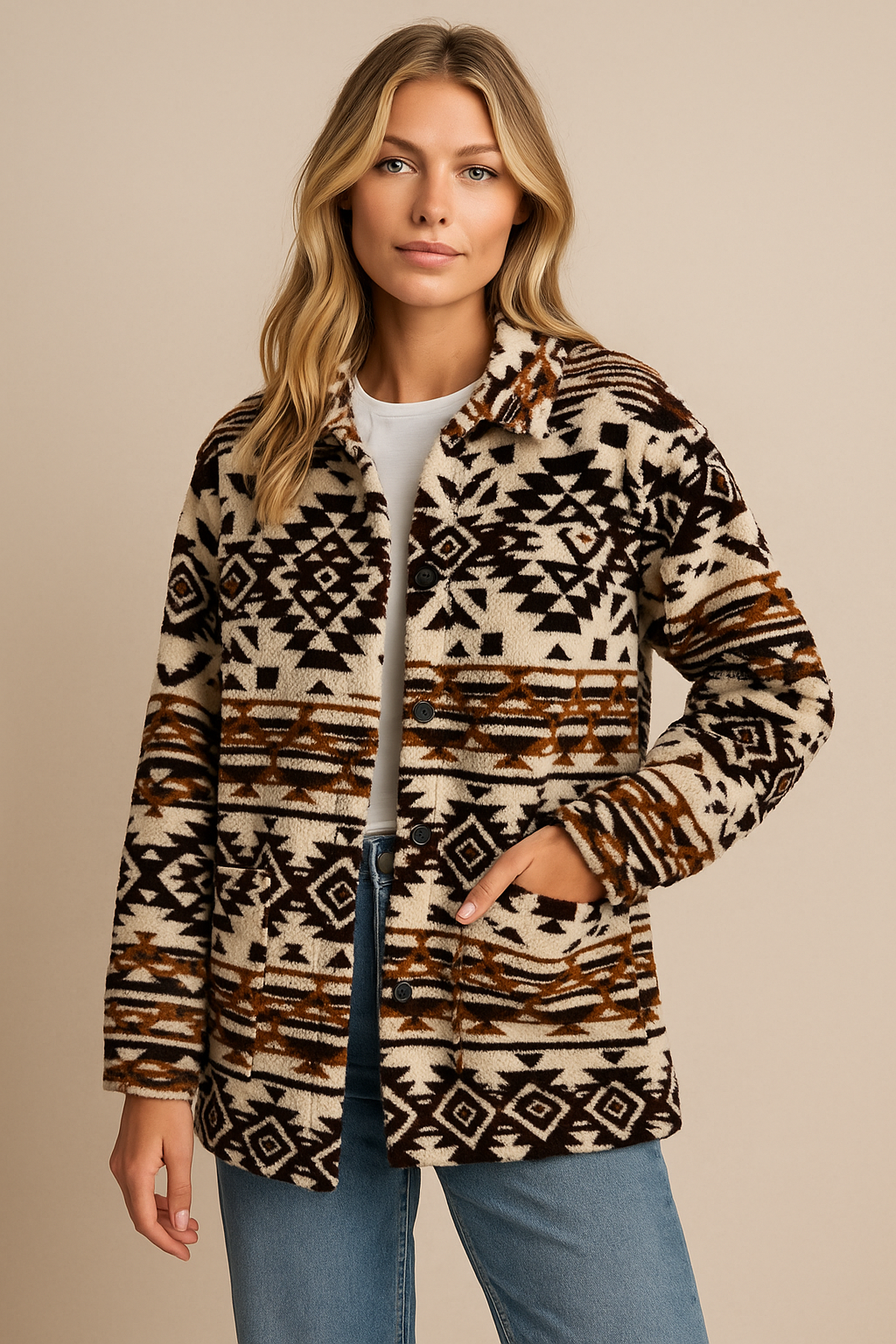 Dames Fleece Jas Etnische Print Trendy Warm - Mode Vibes