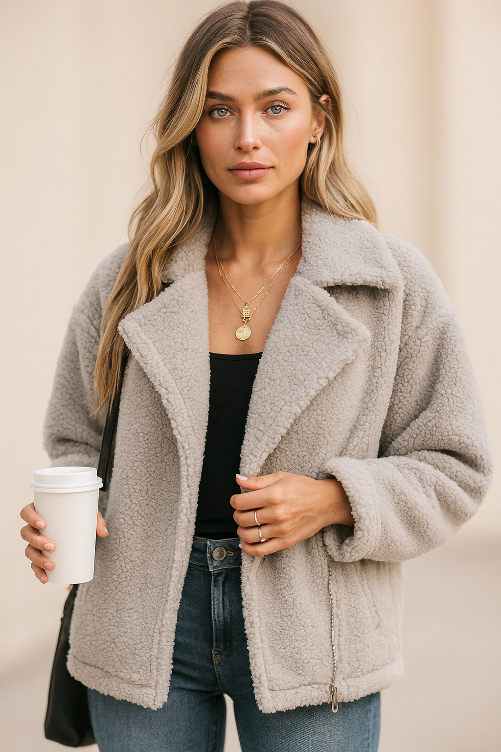 Dames Teddyjas Rits Trendy Zwart Wollen Jacket - Mode Vibes