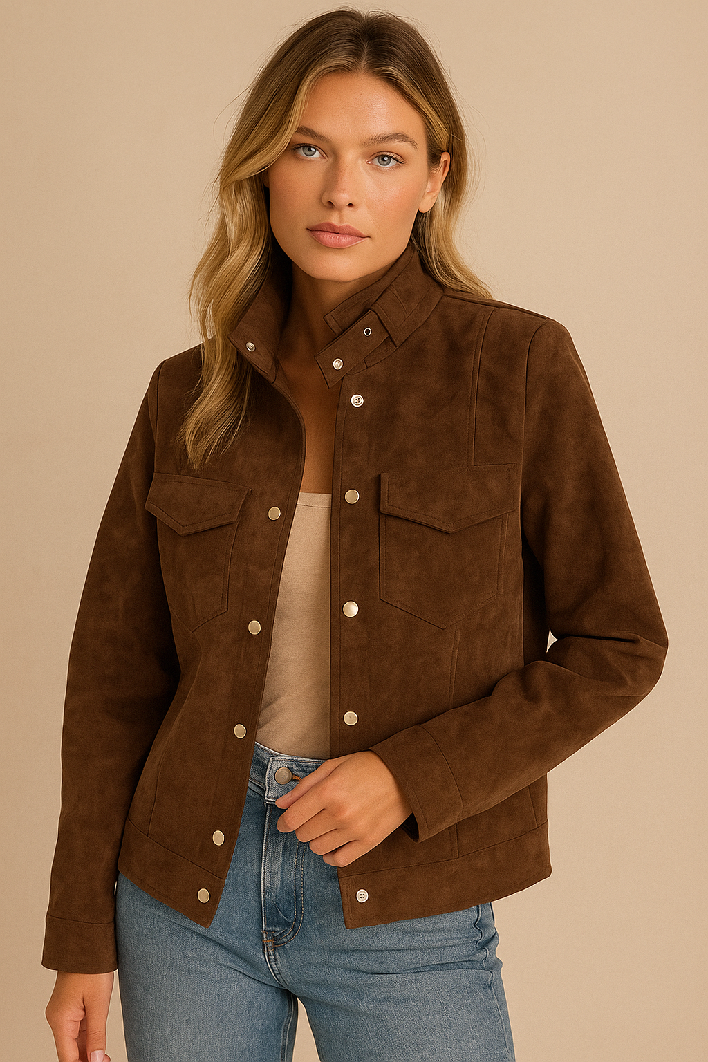 Dames Suede Look Jas Kort Chique met Gouden Knopen - Mode Vibes