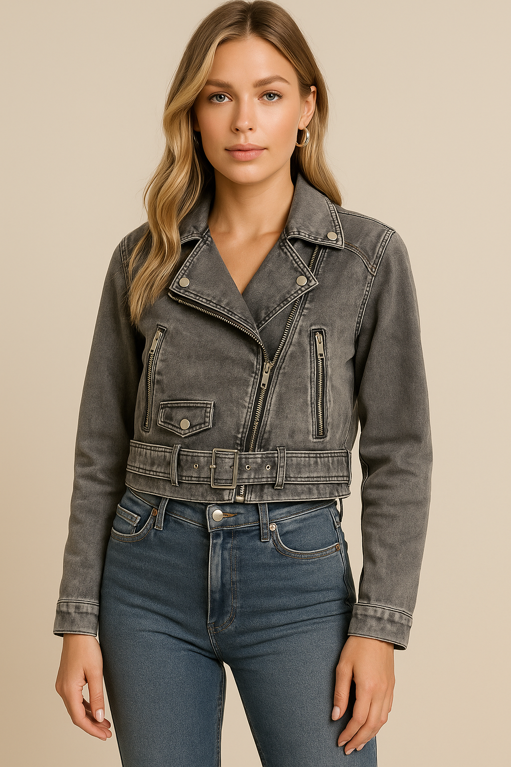 Dames Bikerjas Kort Stoer Afgewassen Leer - Mode Vibes