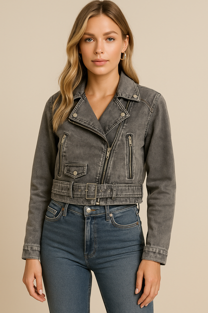 Dames Bikerjas Kort Stoer Afgewassen Leer - Mode Vibes