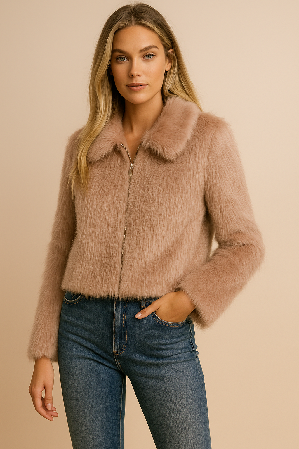 Dames Faux Fur Jas Kort Warm met Kraag en Rits - Mode Vibes