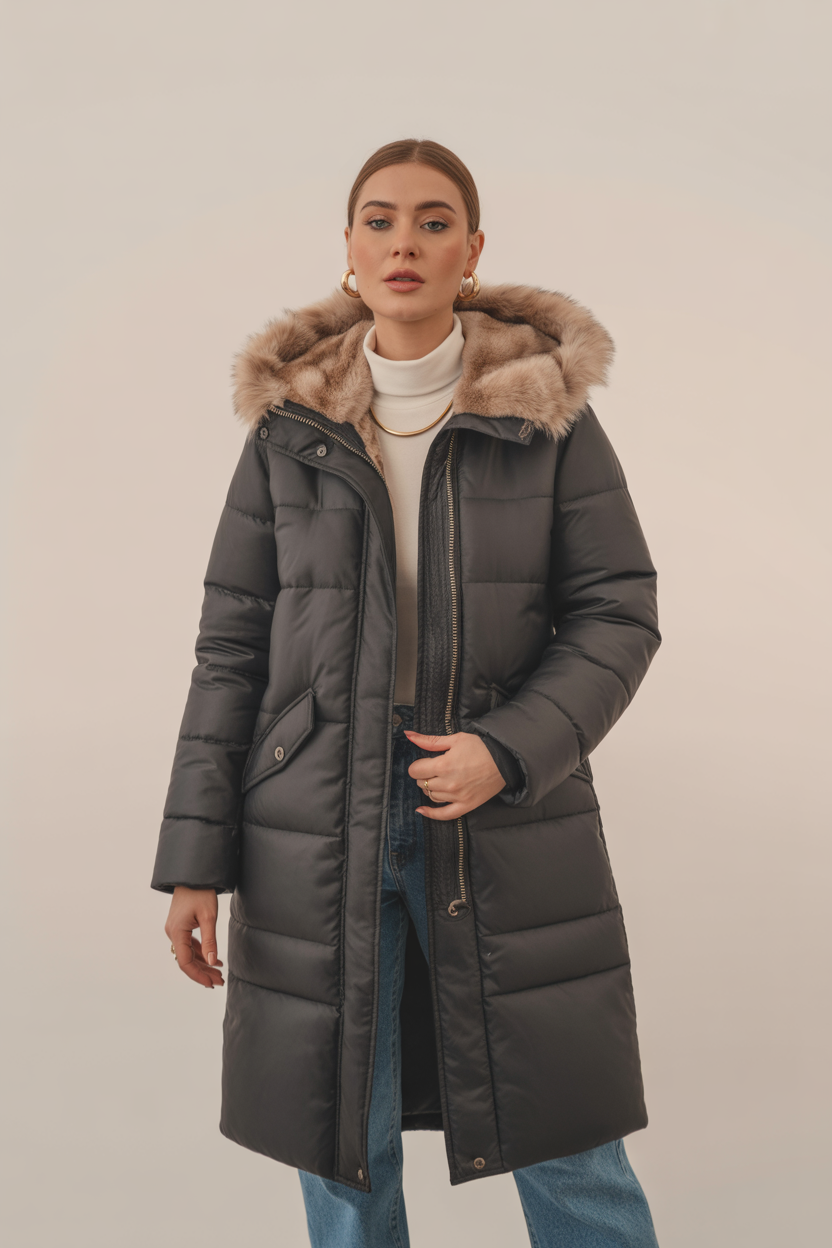 Dames Gewatteerde Parka Jas met Capuchon en Imitatiebont