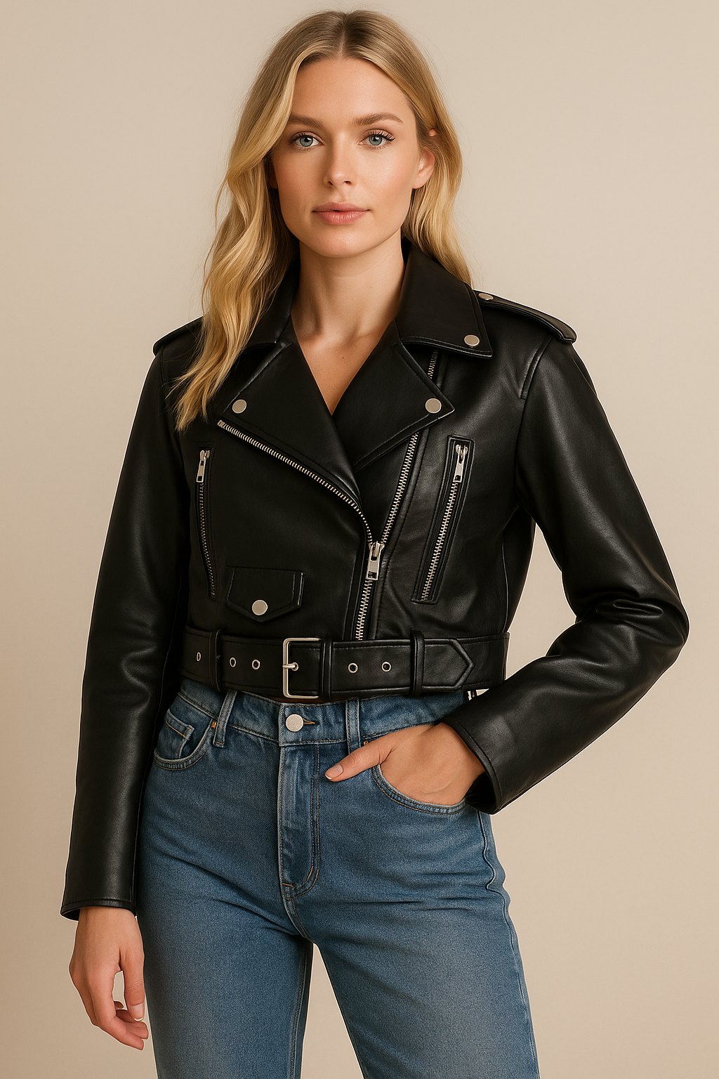 Dames Bikerjas Kort Leder Trendy Model - Mode Vibes