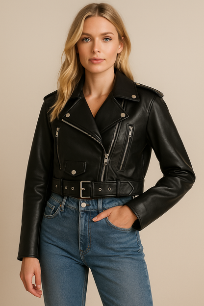 Dames Bikerjas Kort Leder Trendy Model - Mode Vibes