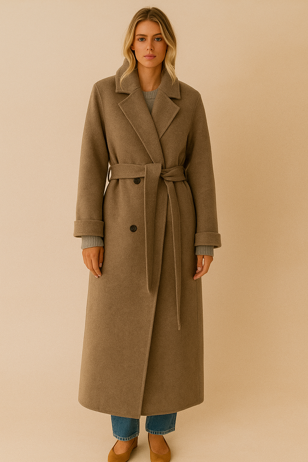 Dames Lange Wollen Mantel met Ceintuur Trendy Look