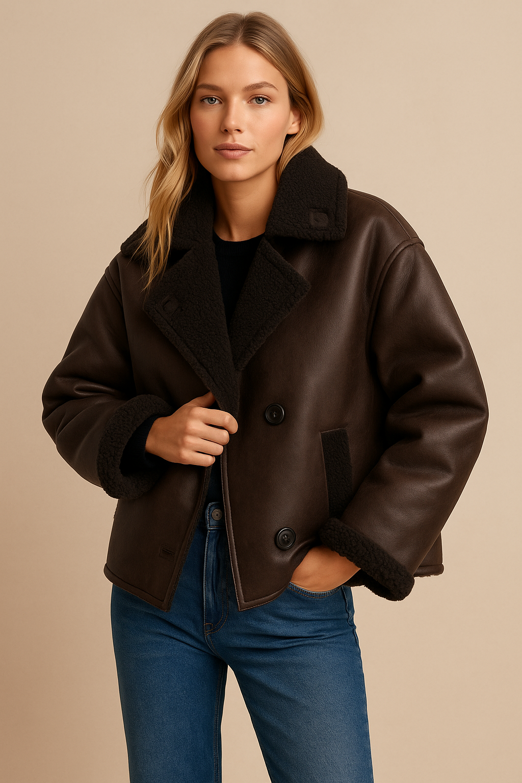 Dames Faux Leren Pilotenjas Oversized met Teddy Voering en Zakken - Mode Vibes