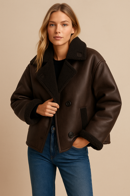 Dames Faux Leren Pilotenjas Oversized met Teddy Voering en Zakken - Mode Vibes