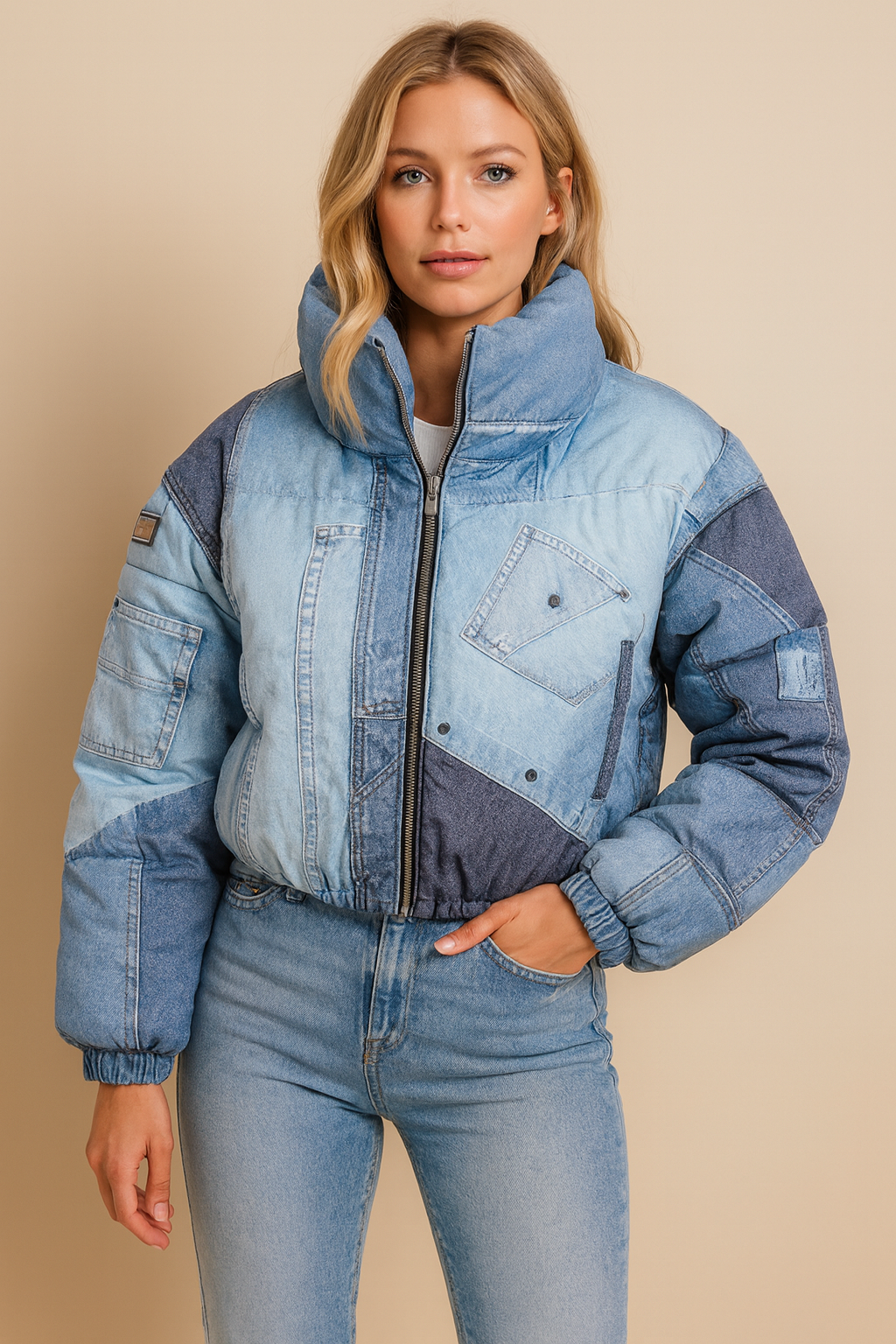Dames Puffer Jas Warm Met Denim Print - Mode Vibes