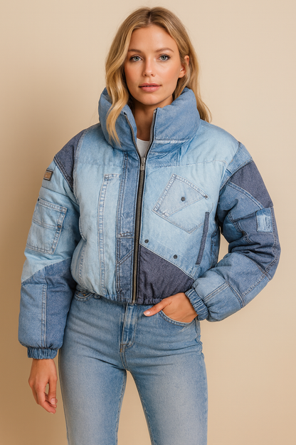 Dames Puffer Jas Warm Met Denim Print - Mode Vibes