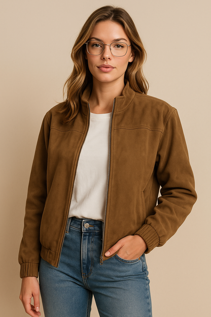Dames Faux Suede Bomberjas Vintage Look met Opstaande Kraag