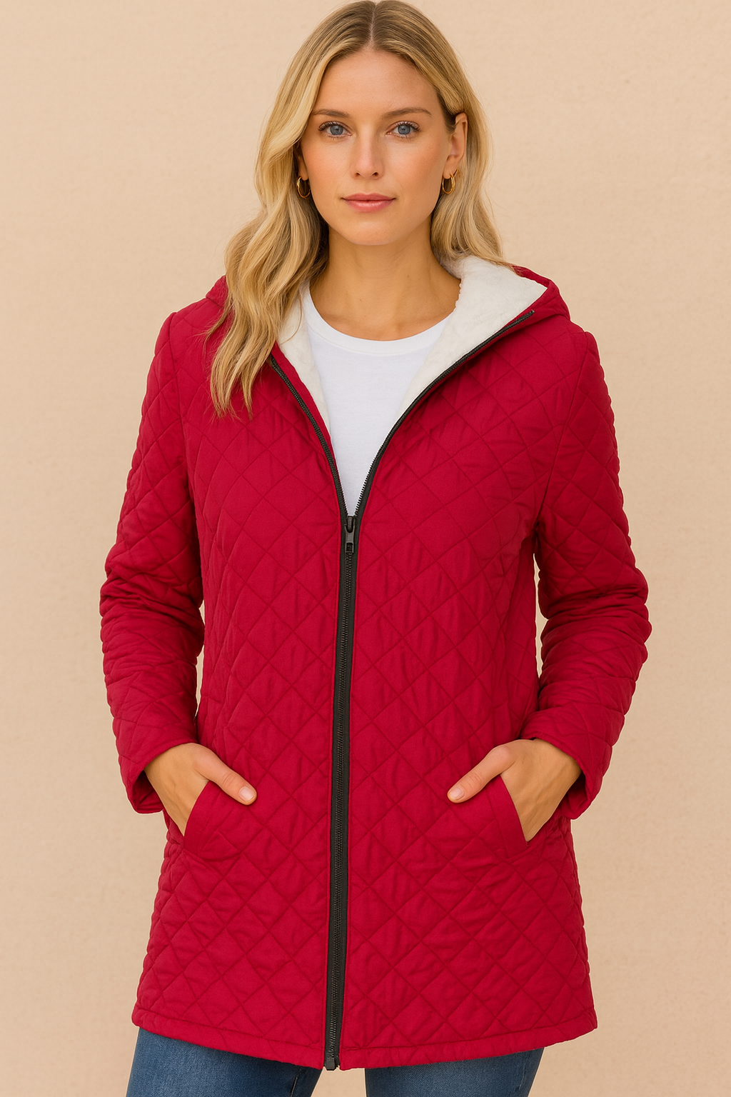 Rode Gewatteerde Jas Dames Warm met Capuchon en Witte Voering - Mode Vibes