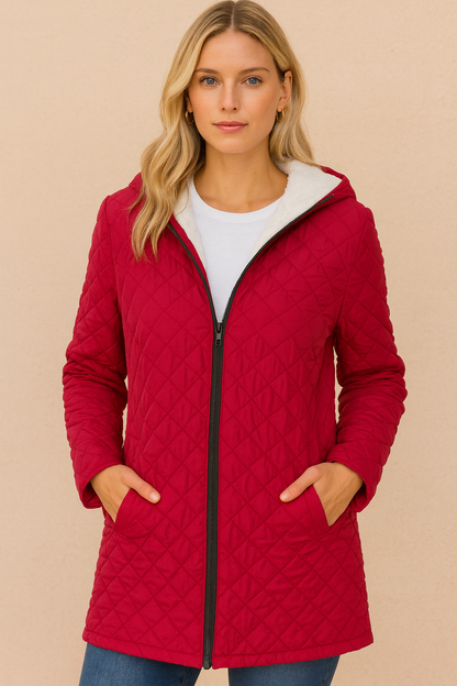 Rode Gewatteerde Jas Dames Warm met Capuchon en Witte Voering - Mode Vibes