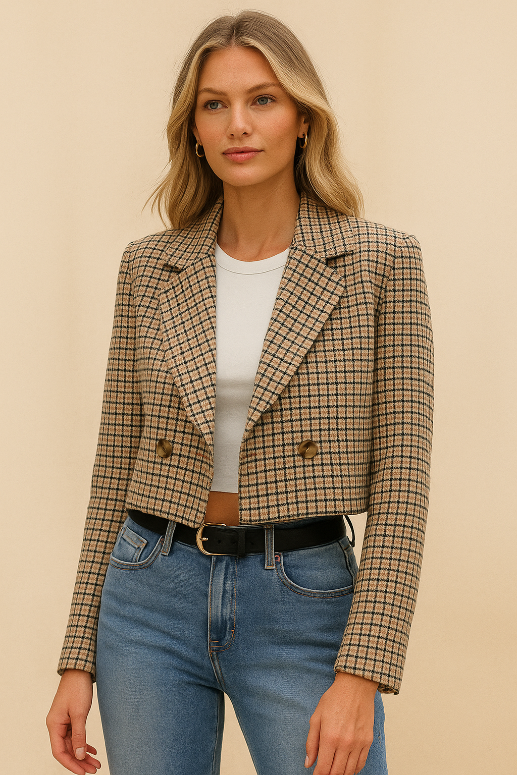 Dames Blazer Geruit Stijlvol Cropped Jas