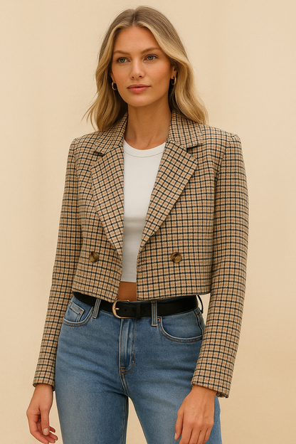 Dames Blazer Geruit Stijlvol Cropped Jas