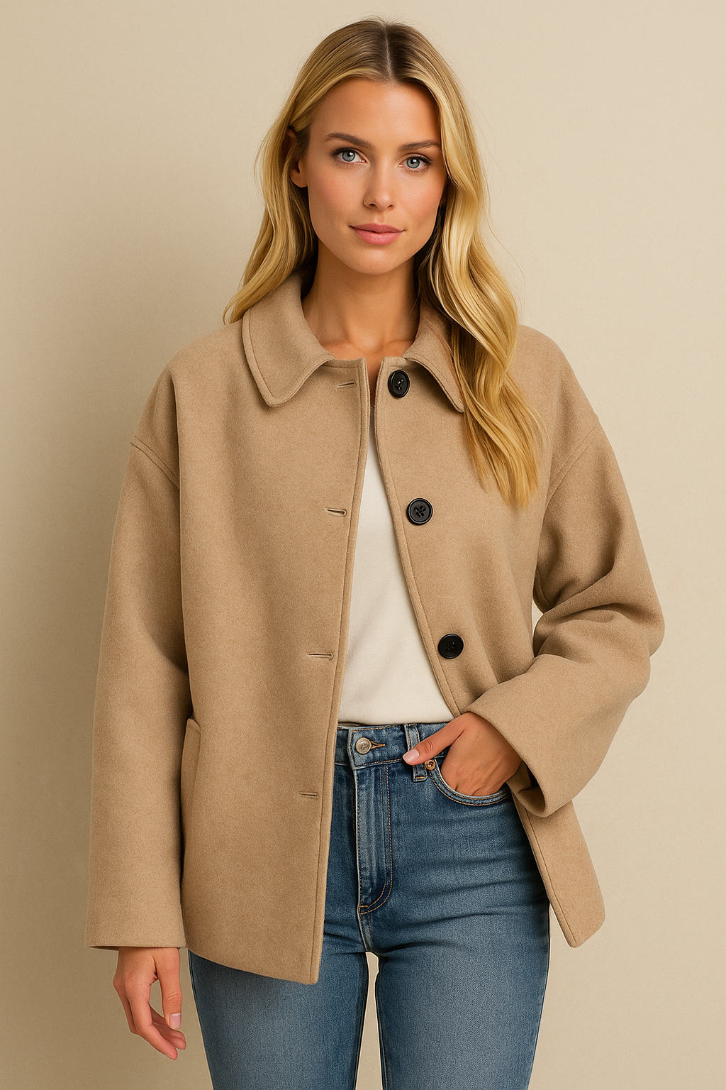 Dames Jas Wijd Model Wol Look Kraag Knopen