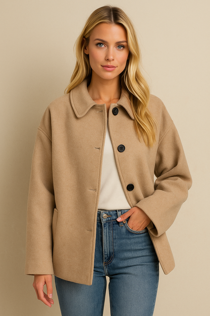 Dames Jas Wijd Model Wol Look Kraag Knopen
