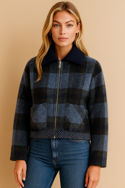 Dames Jas Kort Geruit Stoer Met Rits - Mode Vibes