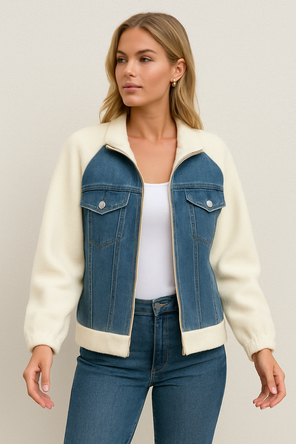 Dames Tussenjas Fleece Mouwen Trendy Blauwe Jeansjas - Mode Vibes