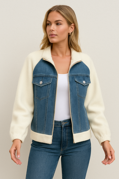 Dames Tussenjas Fleece Mouwen Trendy Blauwe Jeansjas - Mode Vibes