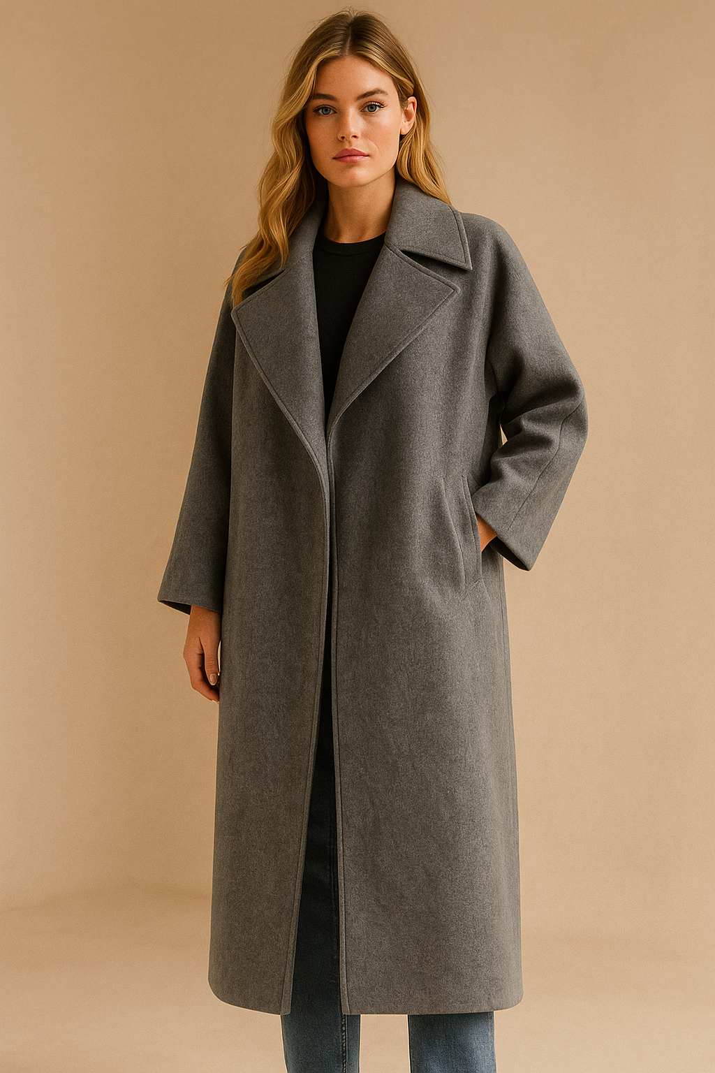 Dames Grijze Wollen Jas Lange Elegante Look - Mode Vibes