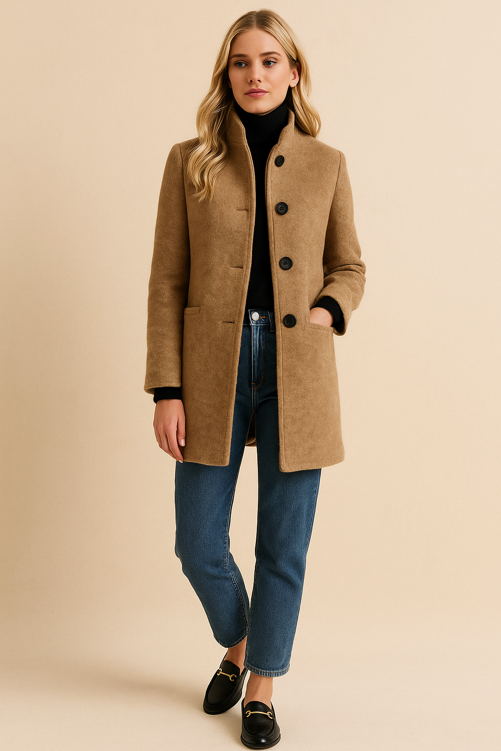 Dames Wollen Jas Elegante Opstaande Kraag Met Knopen - Mode Vibes