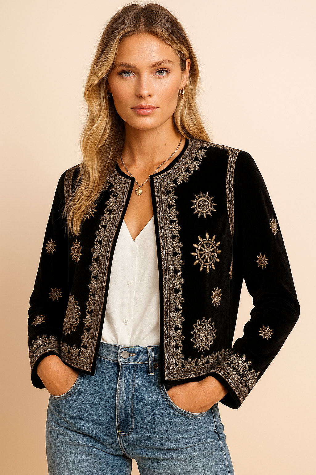 Dames Jasje Geborduurd Velvet Stijlvol Bruin - Mode Vibes