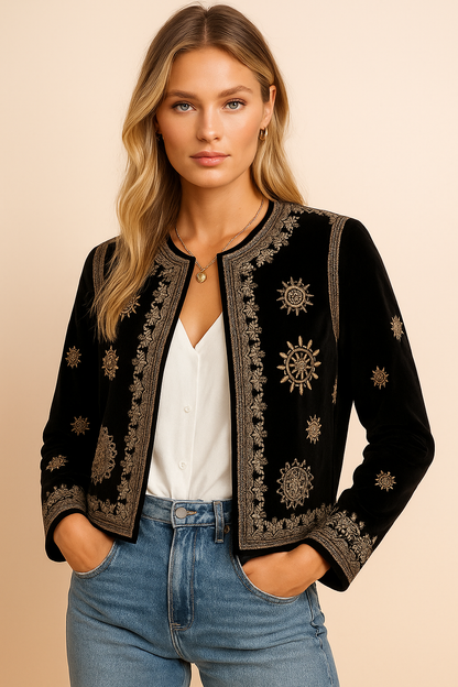 Dames Jasje Geborduurd Velvet Stijlvol Bruin - Mode Vibes