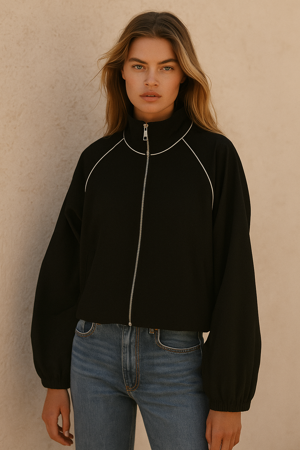 Dames Sportieve Nylon Jas Zwart Rits Contrast - Mode Vibes